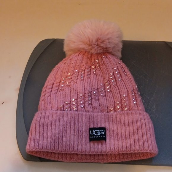 UGG Accessories - NWOT Ugg Women's Cable Beanie with Fur Pom and Rhinestones
